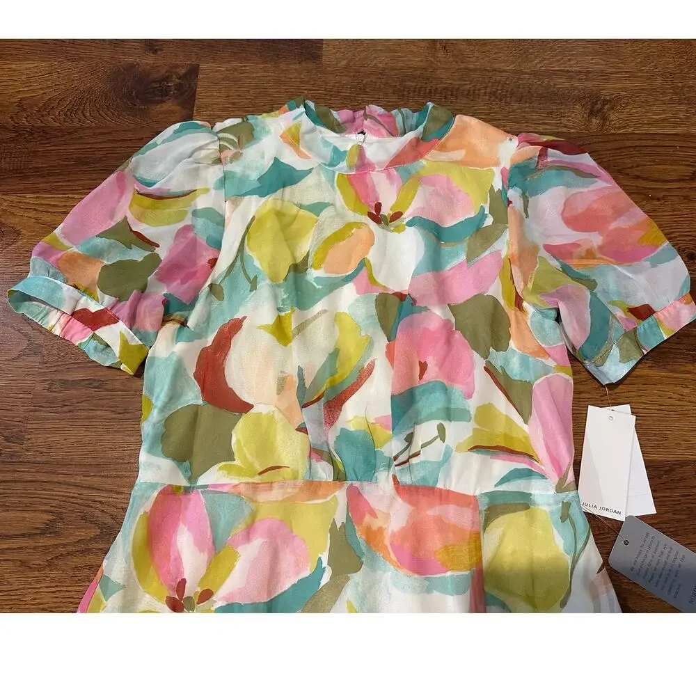 Julia Jordan Floral Puff Sleeve Midi Dress Chiffon Watercolor Women’s 10 NWT - Picture 6 of 12
